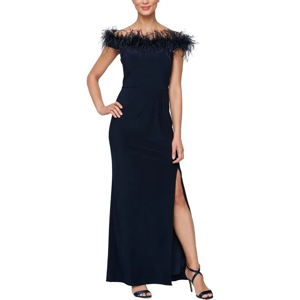 Alex Evenings Off-the-Shoulder Jersey Gown Slit Maribou Feather Trim Navy 14 NEW